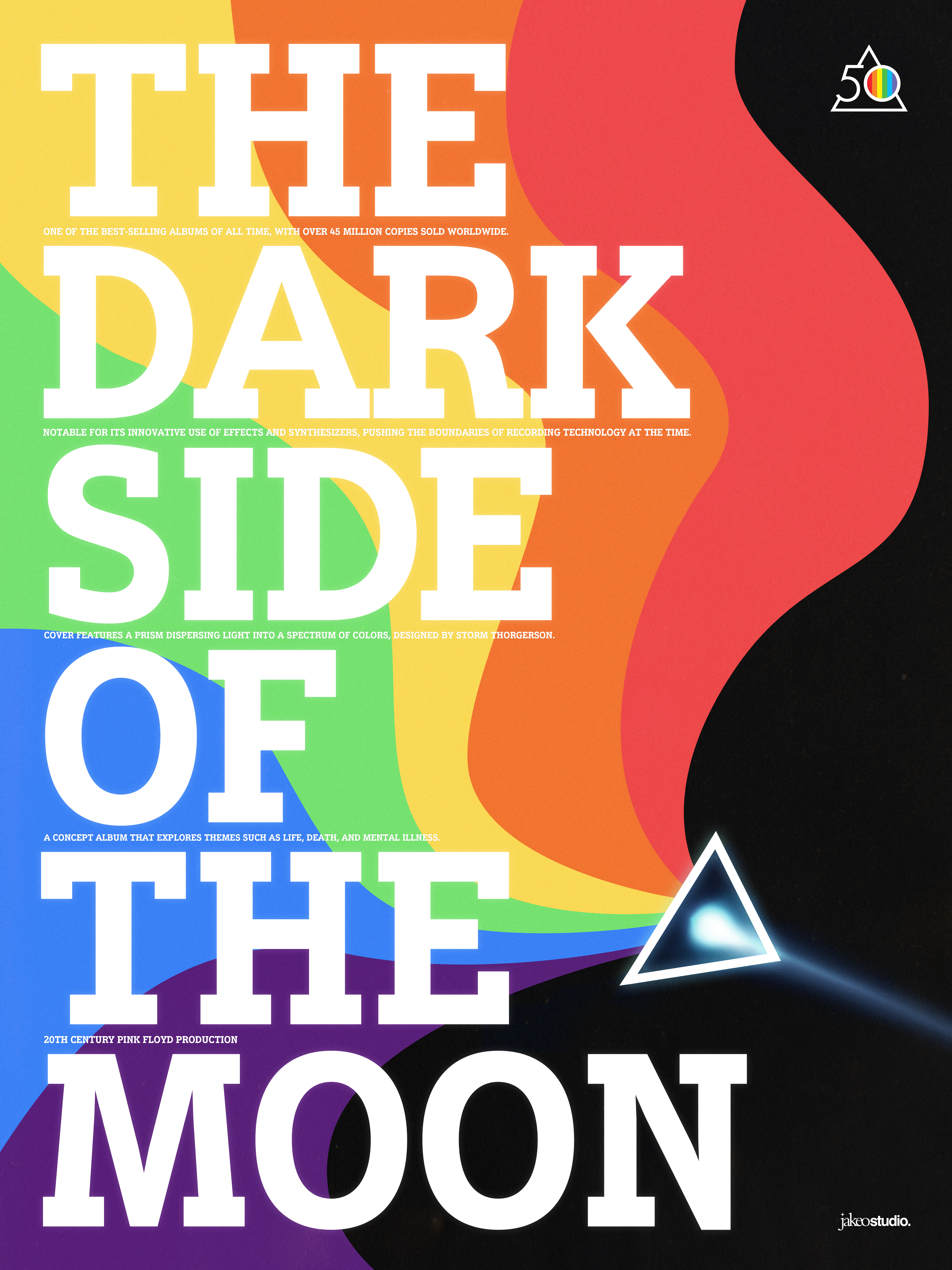 Pink Floyd The Dark Side of the Moon 50th anniversary poster — typography, prism, and spectrum waves